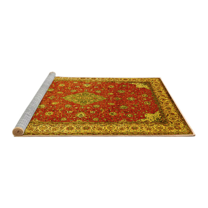 Sideview of Machine Washable Medallion Yellow Traditional Rug, wshtr214yw