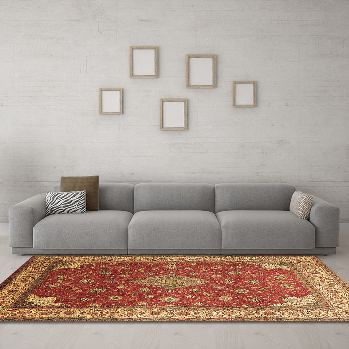 Machine Washable Medallion Brown Traditional Rug in a Living Room,, wshtr214brn