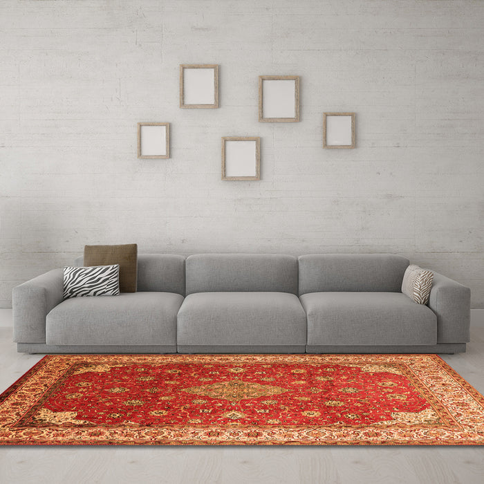 Machine Washable Medallion Orange Traditional Area Rugs in a Living Room, wshtr214org