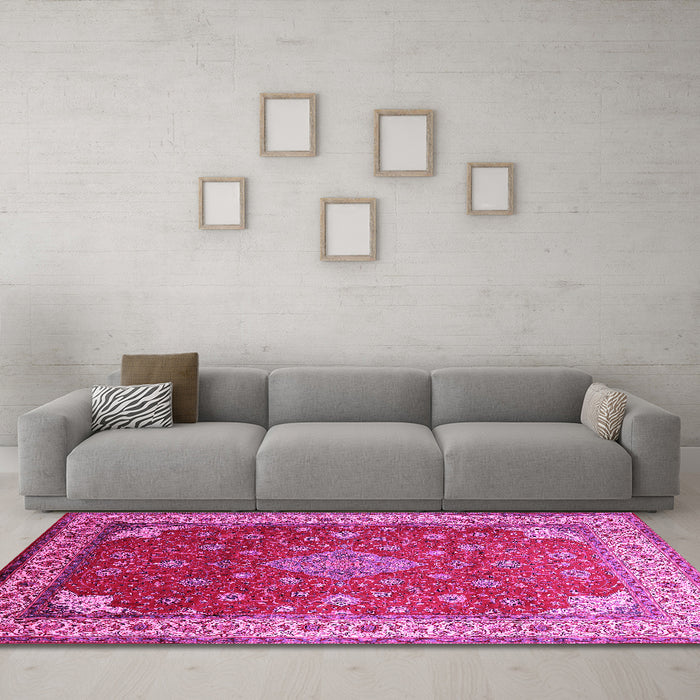 Machine Washable Medallion Pink Traditional Rug in a Living Room, wshtr214pnk