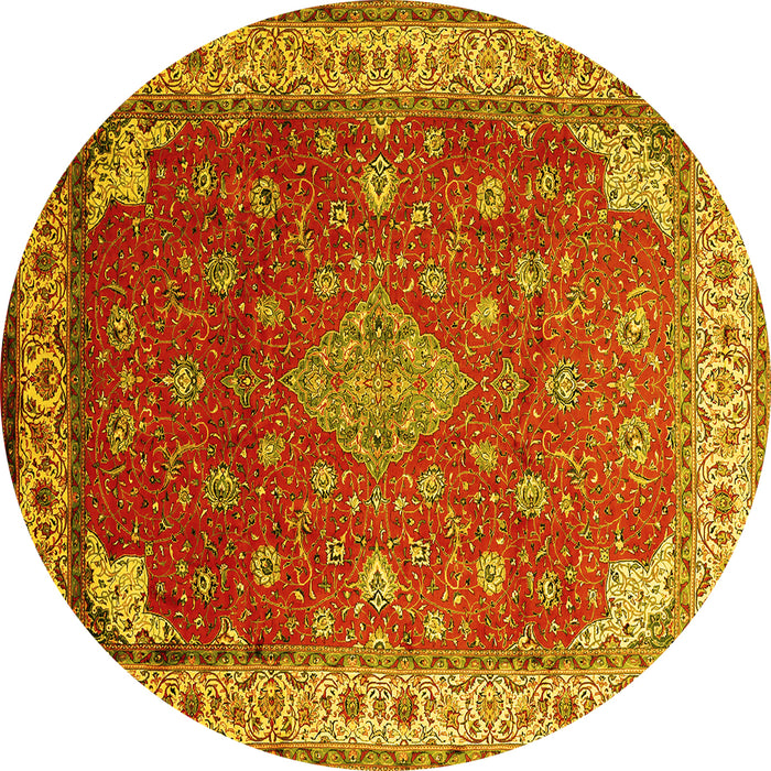 Round Machine Washable Medallion Yellow Traditional Rug, wshtr214yw