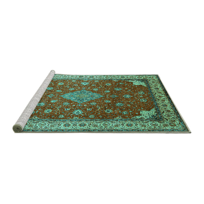 Sideview of Machine Washable Medallion Turquoise Traditional Area Rugs, wshtr214turq