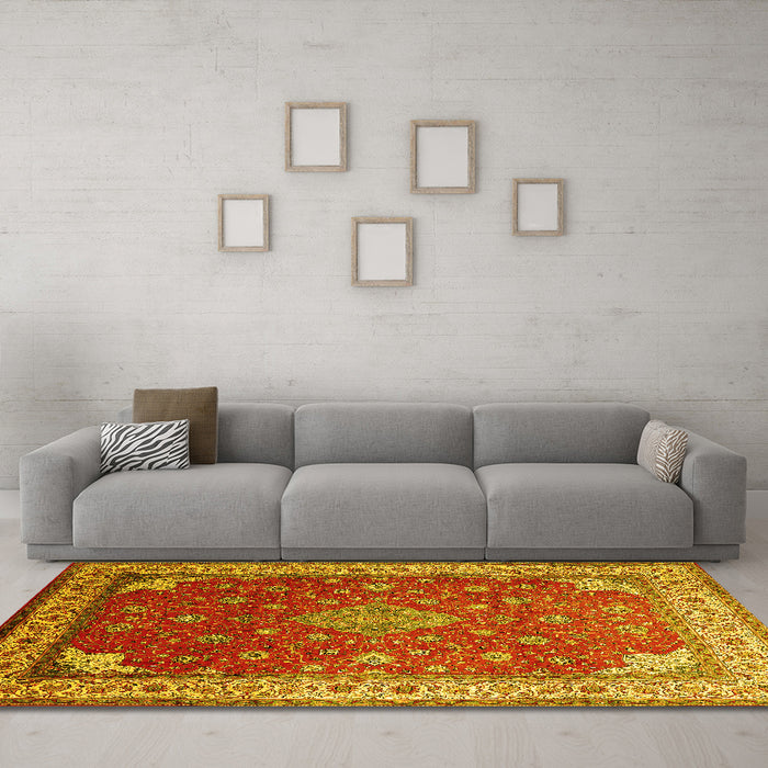 Machine Washable Medallion Yellow Traditional Rug in a Living Room, wshtr214yw