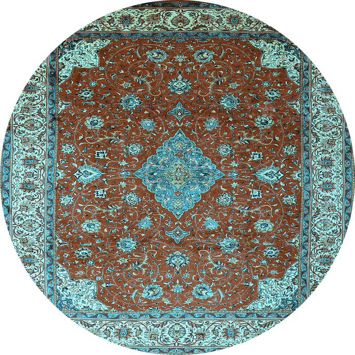 Round Machine Washable Medallion Light Blue Traditional Rug, wshtr214lblu