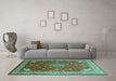 Machine Washable Medallion Turquoise Traditional Area Rugs in a Living Room,, wshtr214turq