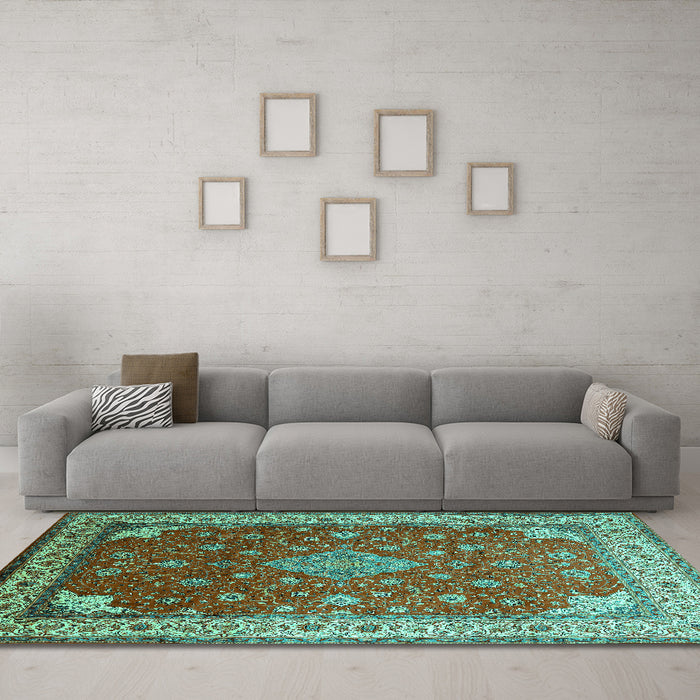 Machine Washable Medallion Turquoise Traditional Area Rugs in a Living Room,, wshtr214turq