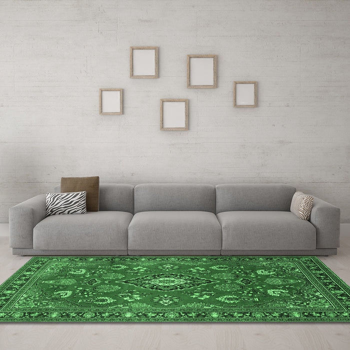 Machine Washable Persian Emerald Green Traditional Area Rugs in a Living Room,, wshtr2150emgrn