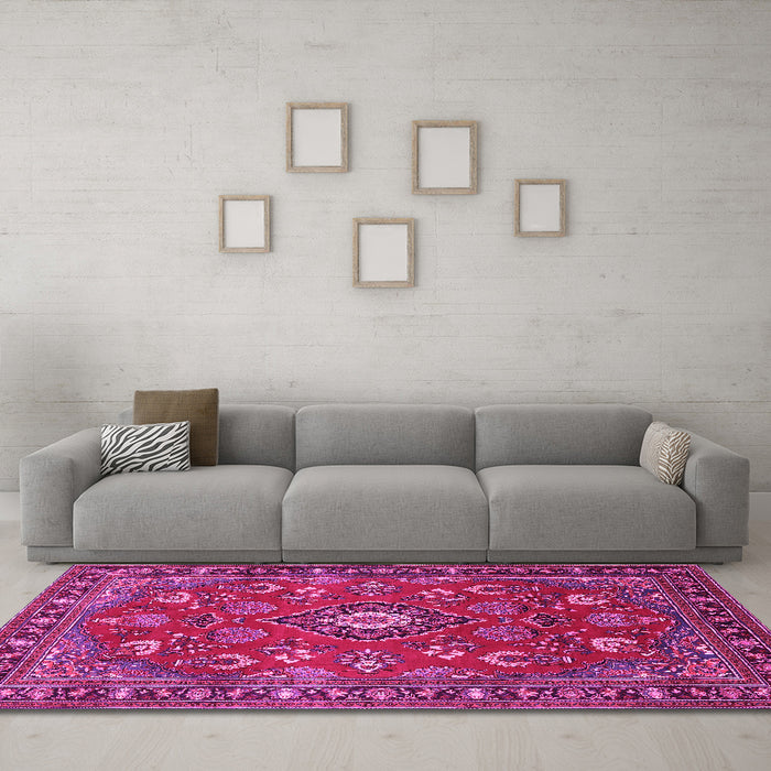 Machine Washable Persian Pink Traditional Rug in a Living Room, wshtr2150pnk