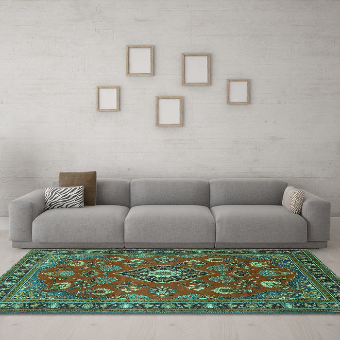 Machine Washable Persian Turquoise Traditional Area Rugs in a Living Room,, wshtr2150turq