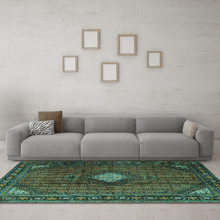 Machine Washable Persian Turquoise Traditional Area Rugs in a Living Room,, wshtr2151turq
