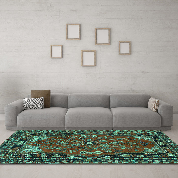 Machine Washable Persian Turquoise Traditional Area Rugs in a Living Room,, wshtr2152turq