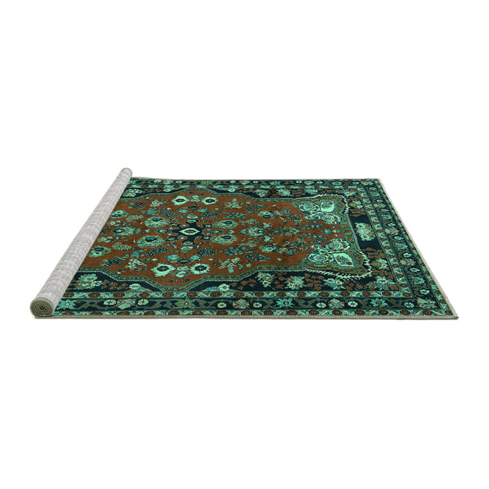 Sideview of Machine Washable Persian Turquoise Traditional Area Rugs, wshtr2152turq