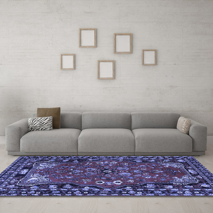 Machine Washable Persian Blue Traditional Rug in a Living Room, wshtr2152blu