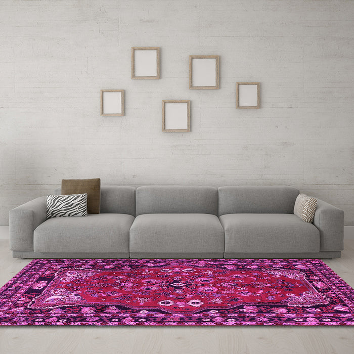 Machine Washable Persian Pink Traditional Rug in a Living Room, wshtr2152pnk