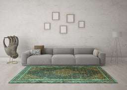 Machine Washable Persian Turquoise Traditional Area Rugs in a Living Room,, wshtr2153turq
