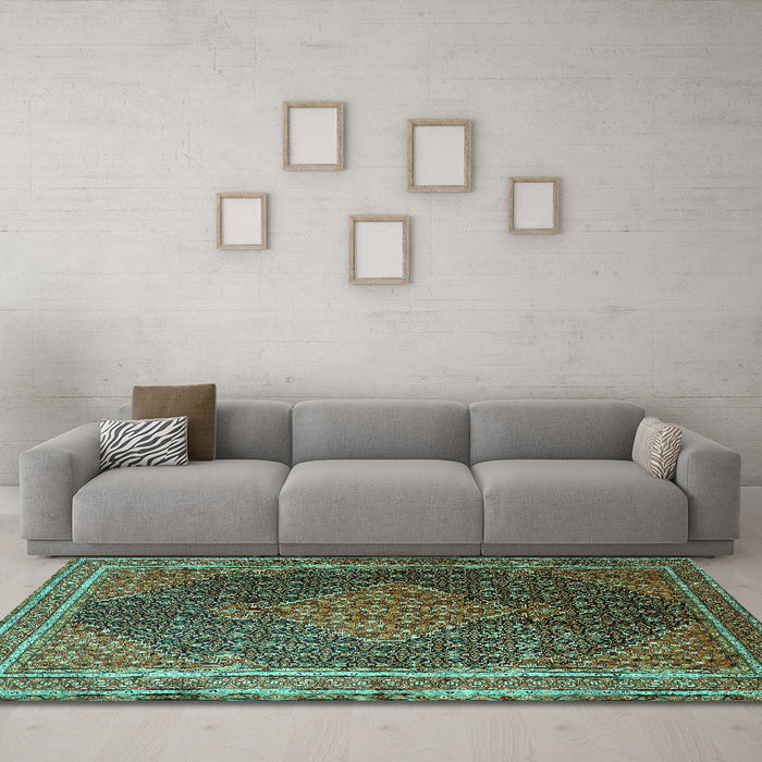 Machine Washable Persian Turquoise Traditional Area Rugs in a Living Room,, wshtr2153turq