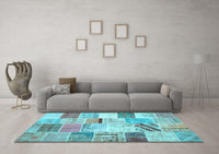 Machine Washable Patchwork Light Blue Transitional Rug, wshtr2155lblu