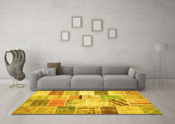 Machine Washable Patchwork Yellow Transitional Rug in a Living Room, wshtr2155yw