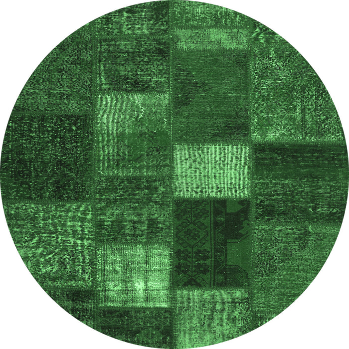 Round Machine Washable Patchwork Emerald Green Transitional Area Rugs, wshtr2156emgrn