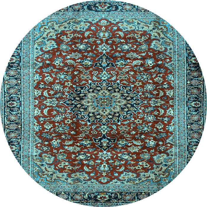 Round Machine Washable Medallion Light Blue Traditional Rug, wshtr2157lblu