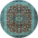 Round Machine Washable Medallion Light Blue Traditional Rug, wshtr2157lblu