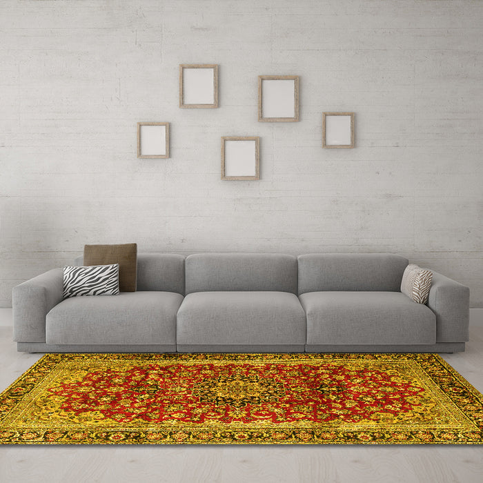 Machine Washable Medallion Yellow Traditional Rug in a Living Room, wshtr2157yw