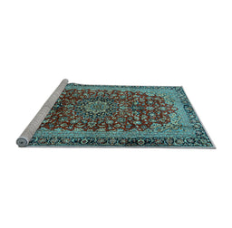 Sideview of Machine Washable Medallion Light Blue Traditional Rug, wshtr2157lblu