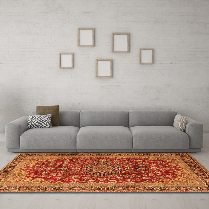 Machine Washable Medallion Orange Traditional Area Rugs in a Living Room, wshtr2157org