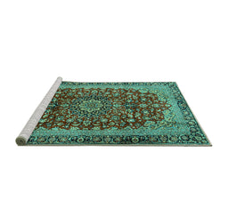 Sideview of Machine Washable Medallion Turquoise Traditional Area Rugs, wshtr2157turq
