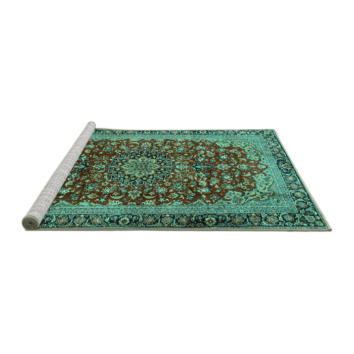 Sideview of Machine Washable Medallion Turquoise Traditional Area Rugs, wshtr2157turq