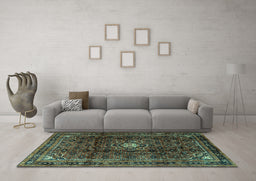 Machine Washable Persian Turquoise Traditional Area Rugs in a Living Room,, wshtr2158turq