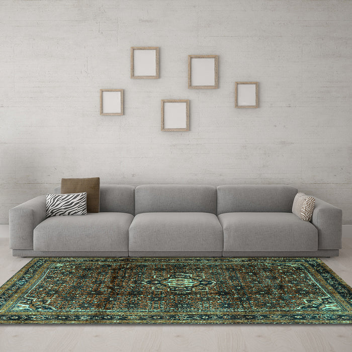 Machine Washable Persian Turquoise Traditional Area Rugs in a Living Room,, wshtr2158turq