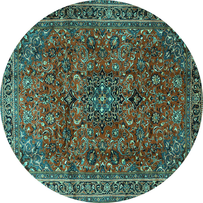 Round Machine Washable Medallion Turquoise Traditional Area Rugs, wshtr2159turq