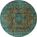 Round Machine Washable Medallion Turquoise Traditional Area Rugs, wshtr2159turq