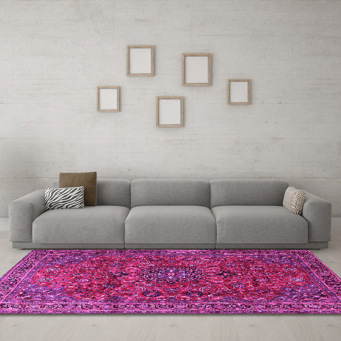 Machine Washable Medallion Pink Traditional Rug in a Living Room, wshtr2159pnk