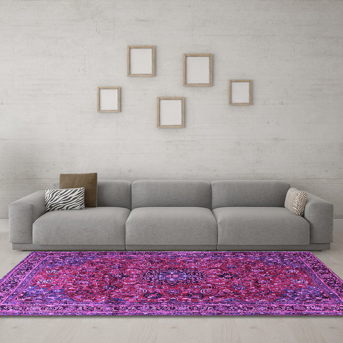 Machine Washable Medallion Purple Traditional Area Rugs in a Living Room, wshtr2159pur