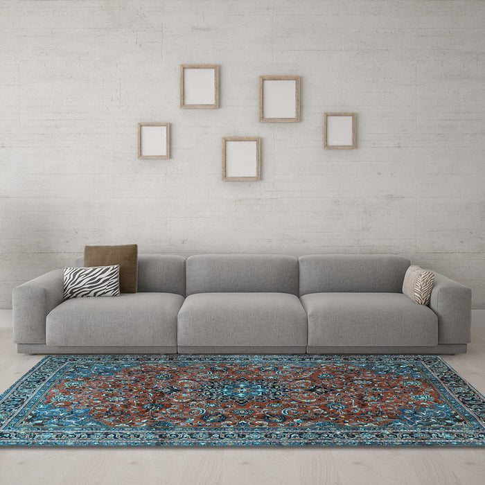 Machine Washable Medallion Light Blue Traditional Rug in a Living Room, wshtr2159lblu
