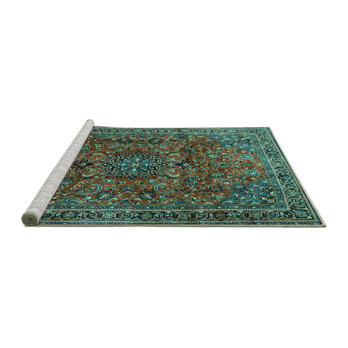 Sideview of Machine Washable Medallion Turquoise Traditional Area Rugs, wshtr2159turq