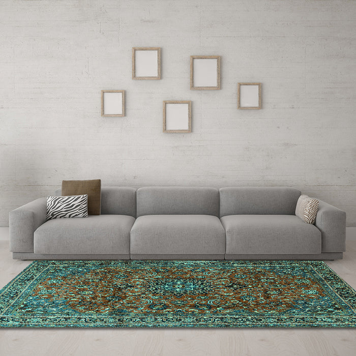 Machine Washable Medallion Turquoise Traditional Area Rugs in a Living Room,, wshtr2159turq