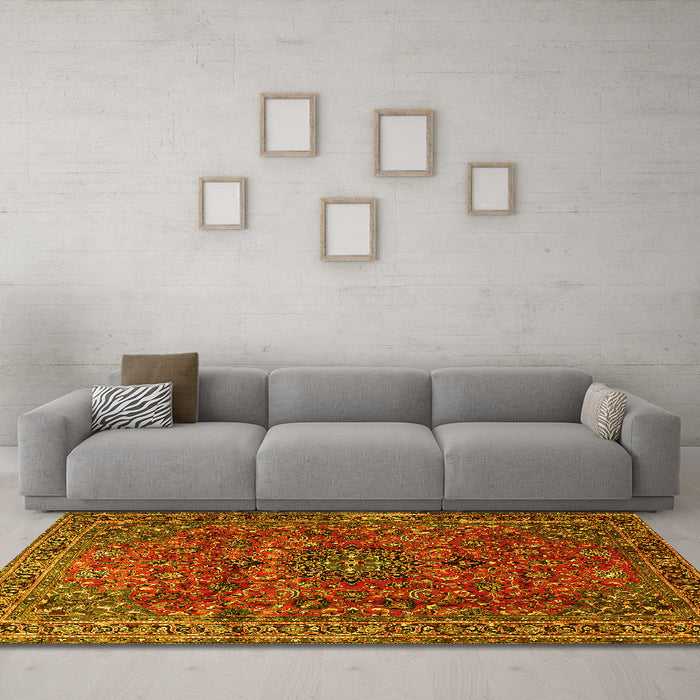 Machine Washable Medallion Yellow Traditional Rug in a Living Room, wshtr2159yw