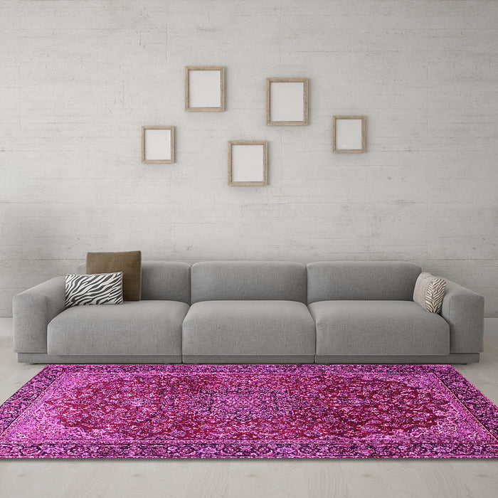 Machine Washable Medallion Pink Traditional Rug in a Living Room, wshtr2160pnk