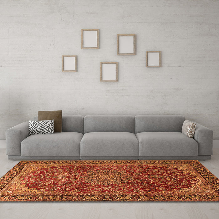 Machine Washable Medallion Orange Traditional Area Rugs in a Living Room, wshtr2160org