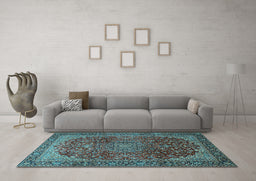 Machine Washable Medallion Light Blue Traditional Rug in a Living Room, wshtr2160lblu