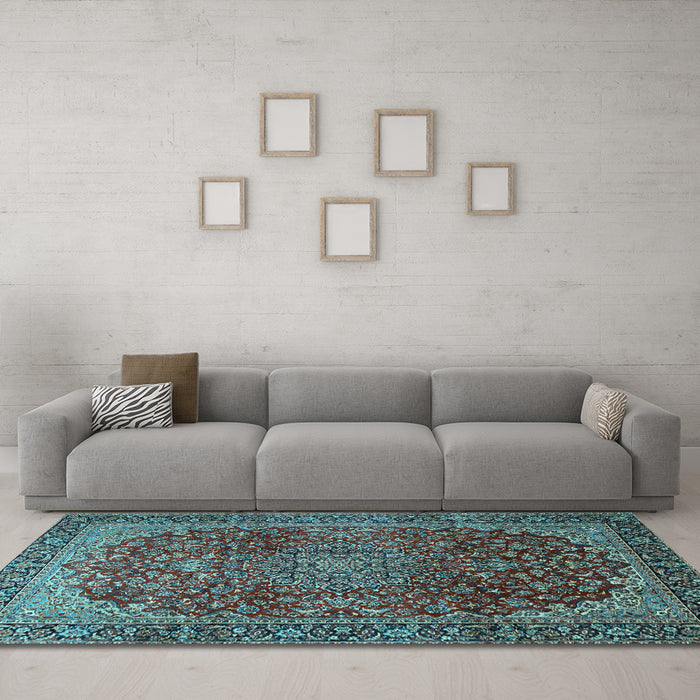 Machine Washable Medallion Light Blue Traditional Rug in a Living Room, wshtr2160lblu
