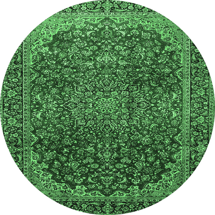 Round Machine Washable Medallion Emerald Green Traditional Area Rugs, wshtr2160emgrn