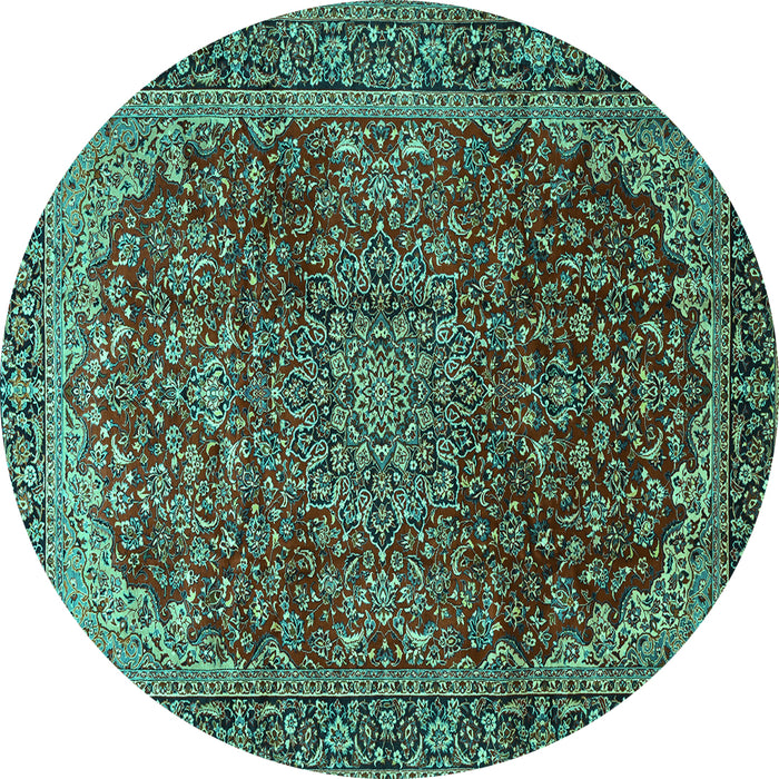 Round Machine Washable Medallion Turquoise Traditional Area Rugs, wshtr2160turq