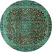 Round Machine Washable Medallion Turquoise Traditional Area Rugs, wshtr2160turq