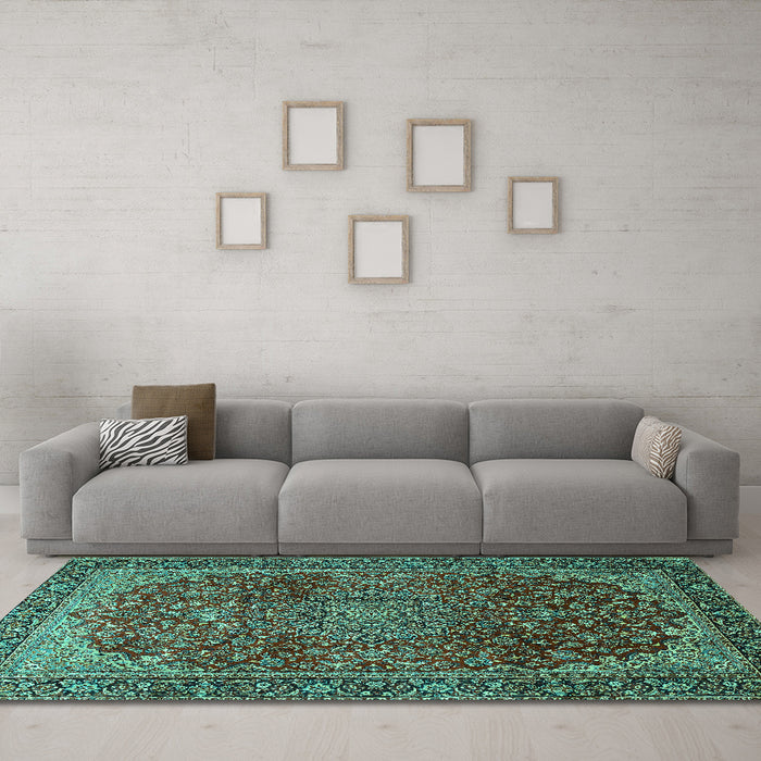 Machine Washable Medallion Turquoise Traditional Area Rugs in a Living Room,, wshtr2160turq