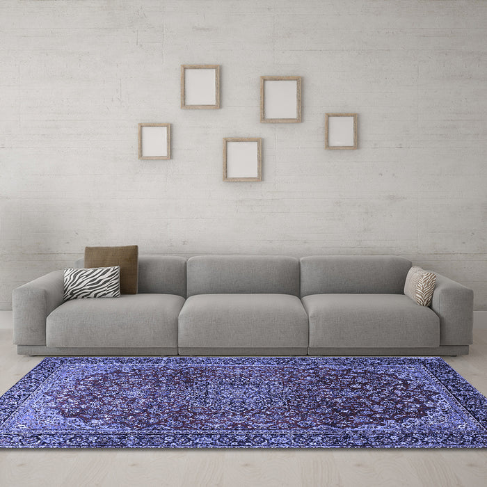 Machine Washable Medallion Blue Traditional Rug in a Living Room, wshtr2160blu