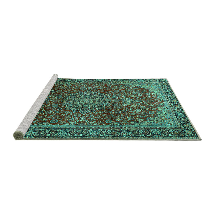 Sideview of Machine Washable Medallion Turquoise Traditional Area Rugs, wshtr2160turq